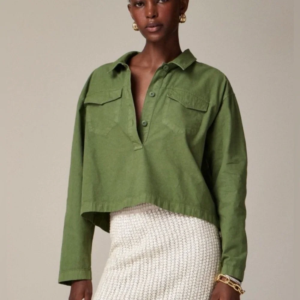 J. Crew Popover Shirt in Cotton -Linen Blend in Olive